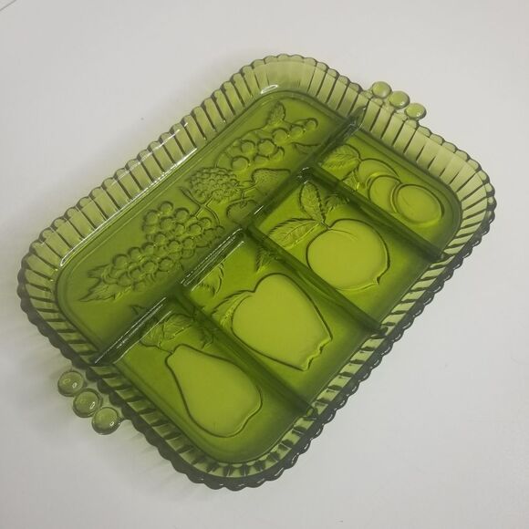 Vintage Indiana Glass Green Divided 5 Part Relish Serving Tray Fruit Olive - Picture 9 of 9